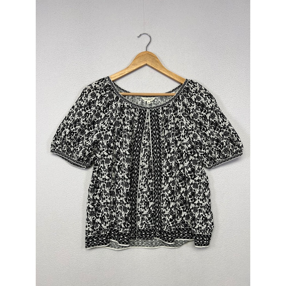Boho Cottagecore Max Studio London Womens XS Black White Floral Peasant Blouse